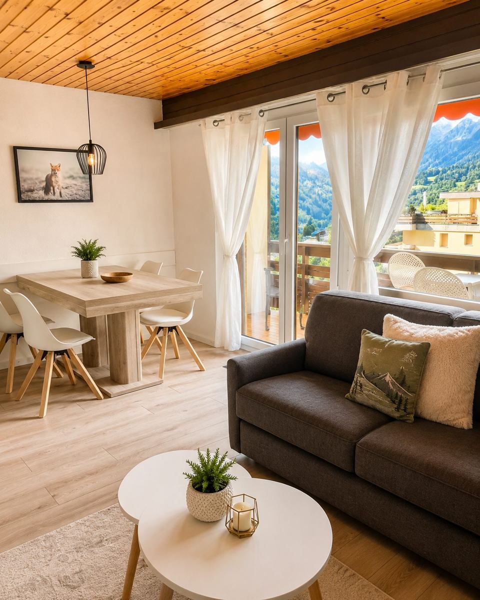 Le salon et le coin repas, avec la porte-fenêtre du balcon